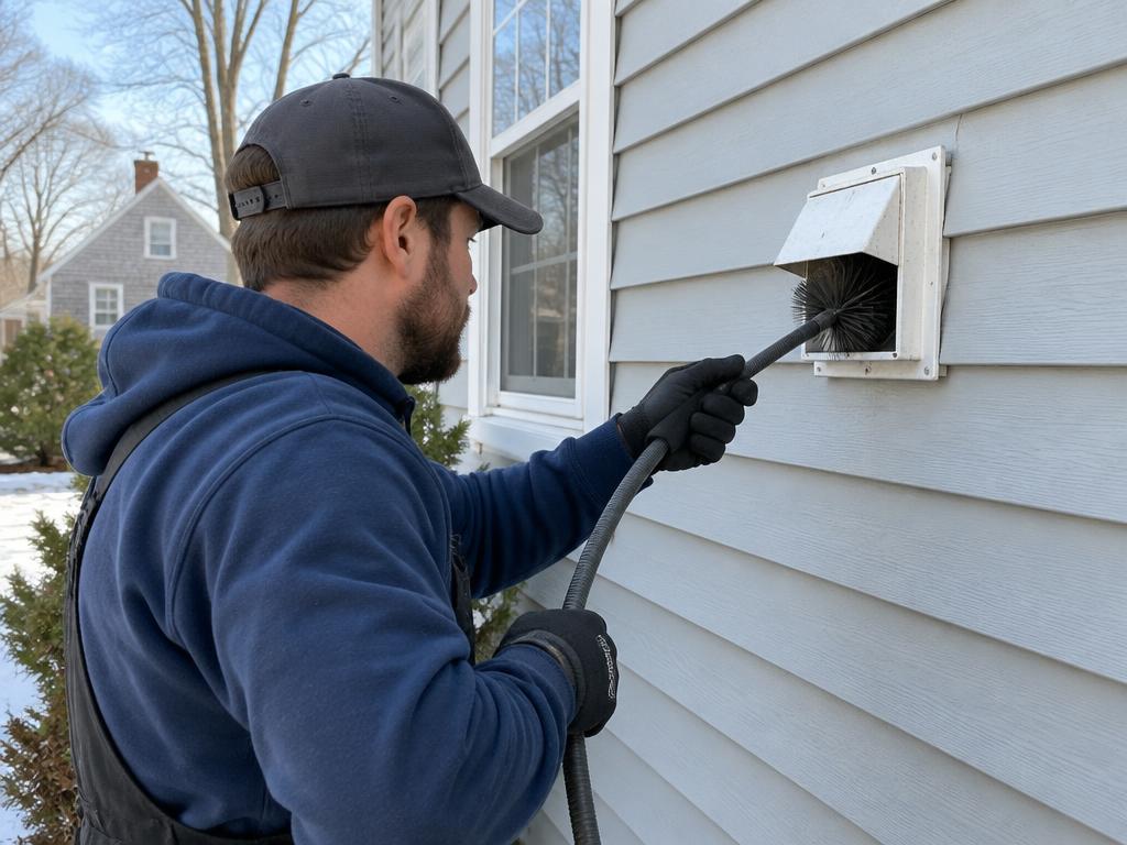 A technician cleaning a dryer vent on the outside of a house