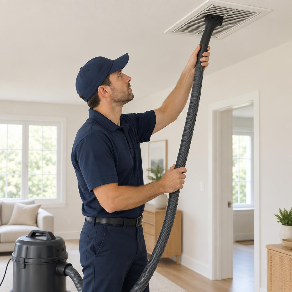 A technician cleaning a ceiling air vent